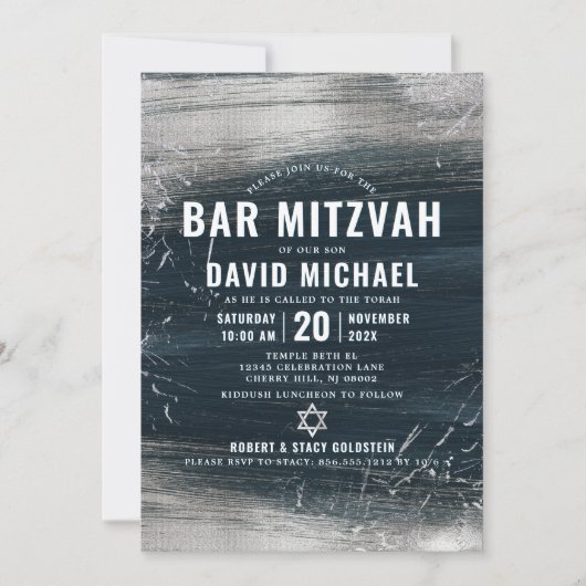 Bar Mitzvah Bold Moderne Silberfolien Holzkohle Gr Einladung (Vorderseite)