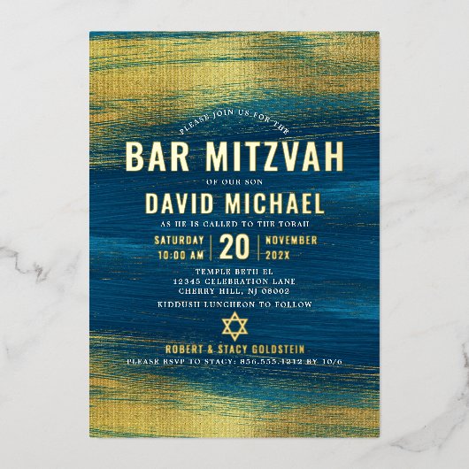 Bar Mitzvah Bold Moderner Typ Turquoise Real Gold Folieneinladung (Vorderseite)
