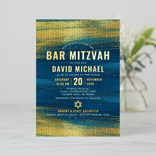 Bar Mitzvah Bold Moderner Typ Turquoise Real Gold Folieneinladung (Stehend vorne)