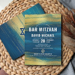 Bar Mitzvah Bold Modernes Turquoise Typ Gold Foil Einladung<br><div class="desc">Seien Sie stolz, freuen Sie sich und präsentieren Sie diesen Meilenstein Ihres Lieblings-Bar Mitzvah! Versenden Sie diese coole, einzigartige, moderne, personalisierte Einladung für eine Veranstaltung, an die Sie sich erinnern können. Metallische goldene Pinselstriche und Star of David, zusammen mit fett-weißer Typografie, überlagern einen reichen, türkisfarbenen, blauen Farbhintergrund. Personalisieren Sie den...</div>