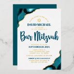 Bar Mitzvah Bold Türkise Agate Script Real Gold Folieneinladung<br><div class="desc">Seien Sie stolz, freuen Sie sich und präsentieren Sie diesen Meilenstein Ihres Lieblings-Bar Mitzvah! Versenden Sie diese coole, einzigartige, moderne, personalisierte Goldfolie, um sich an eine Veranstaltung zu erinnern. Dunkle aquamarine blaue Schrift-Typografie, reale Goldfolie sans Serifentypografie, und ein echter Goldstar aus David aus einer Folie überlagert einen einfachen, sauberen, weißen...</div>