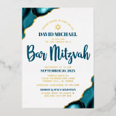 Bar Mitzvah Bold Türkise Agate Script Real Gold Folieneinladung (Vorderseite)