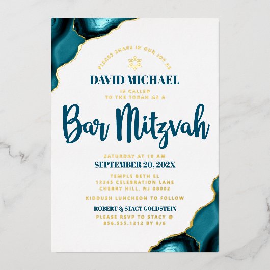 Bar Mitzvah Bold Türkise Agate Script Real Gold Folieneinladung (Vorderseite)