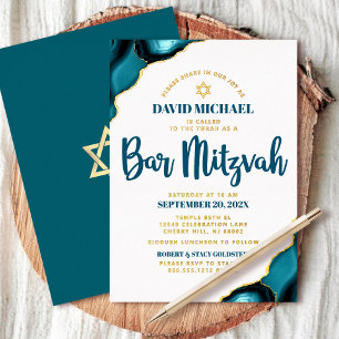 Bar Mitzvah Bold Türkise Agate Script Real Gold Folieneinladung
