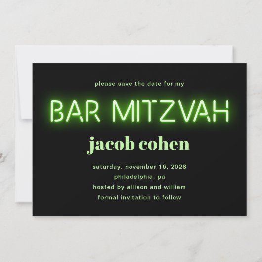 Bar Mitzvah Bright Green Neon Lights Save the Date Einladung (Vorderseite)