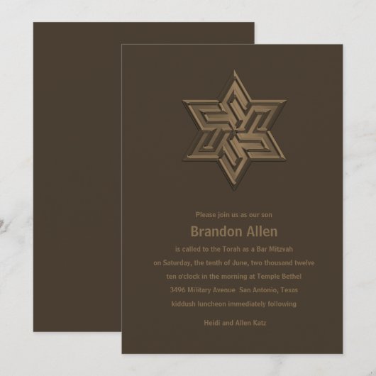 Bar Mitzvah Brown Tones Star von David Einladung (Vorne/Hinten)