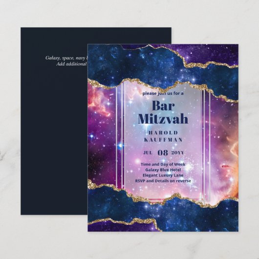 BAR MITZVAH CARDS Celestial Skies Blue Galaxy Gold (Vorne/Hinten)
