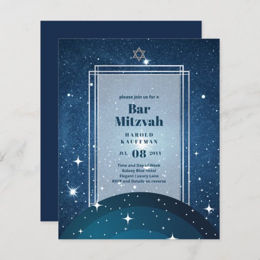 BAR MITZVAH CARDS Celestial Skies Blue Galaxy Gold (Vorne/Hinten)