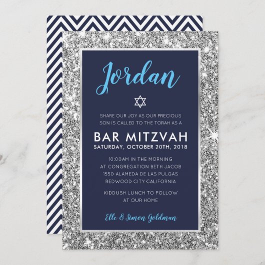 BAR MITZVAH cool zwischen blaublau silber einladen Einladung (Vorne/Hinten)