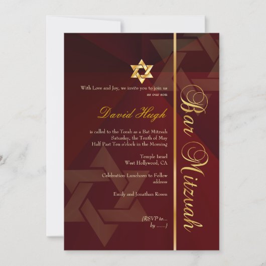 Bar Mitzvah/Crimson Red/Gold Einladung (Vorderseite)
