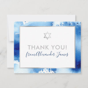 BAR MITZVAH dankt Silber-Stern blaue Wasserfarbe Dankeskarte