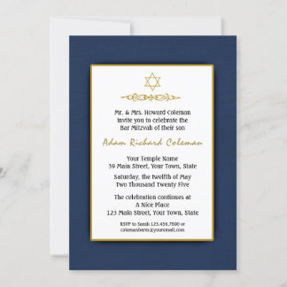 Bar Mitzvah Dark Blue und Gold Einladung