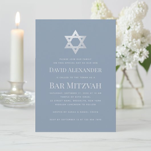 Bar Mitzvah Dusty Blue Faux Silver Star of David Einladung