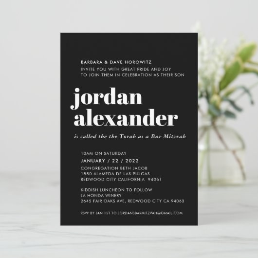 BAR MITZVAH easy modern minimal black white Einladung (Stehend Vorderseite)