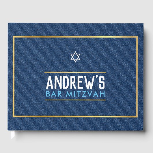 BAR MITZVAH Edelgold denim blue aqua Gästebuch (Vorderseite)