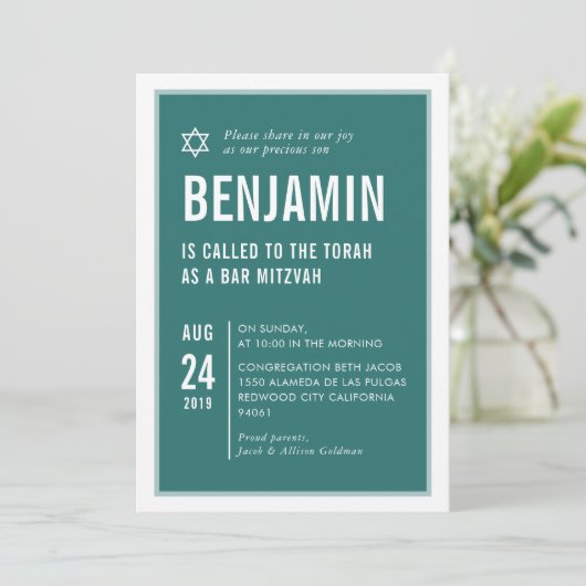 BAR MITZVAH, einfach, modern, grün Einladung (Stehend Vorderseite)