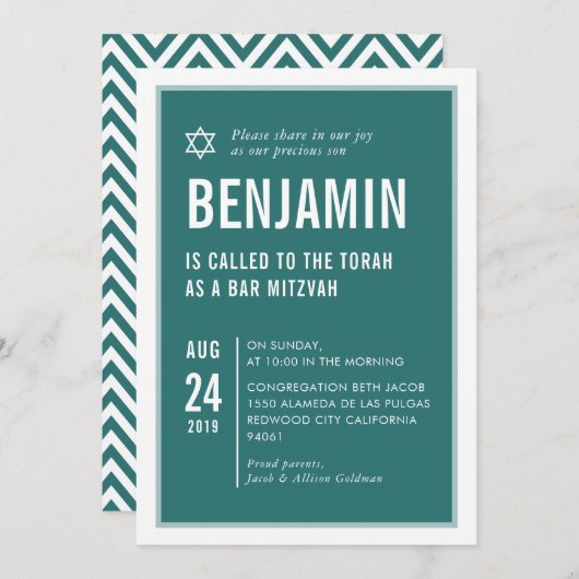 BAR MITZVAH, einfach, modern, grün Einladung (Vorne/Hinten)