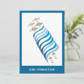 Bar Mitzvah Einladung Ari Yonatan Torah Blue (Stehend Vorderseite)