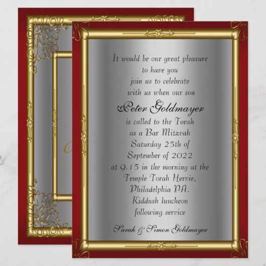 Bar Mitzvah Einladung Red Silber (Vorne/Hinten)