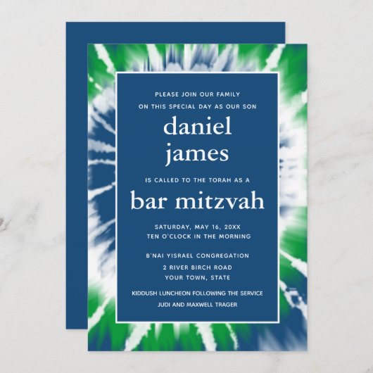 Bar Mitzvah Einladung zur blauen und grünen Gefärb (Vorne/Hinten)