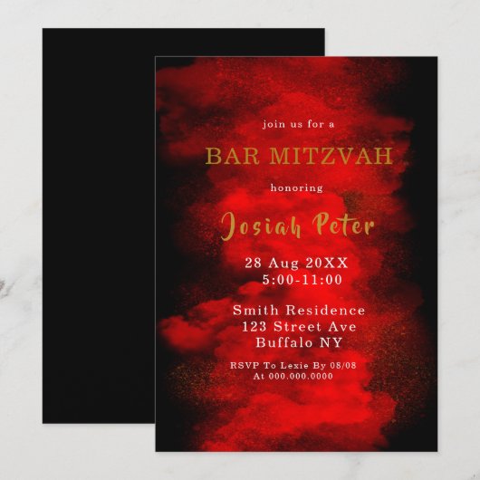 Bar Mitzvah Einladungen für Schwarz und Rot (Vorne/Hinten)