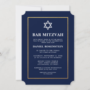 Bar Mitzvah Elegant Blauer und Gold Einladung