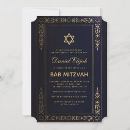 Bar Mitzvah Elegant Navy Blue Gold Star Vintag in Einladung