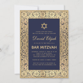 Bar Mitzvah Elegant Navy Blue Vintag Gold Rose Einladung