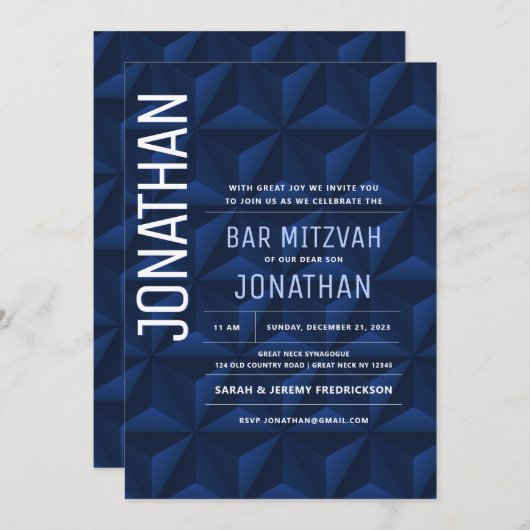 Bar Mitzvah Elegant Navy Star von David Einladung (Vorne/Hinten)
