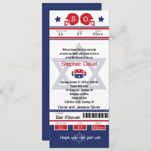Bar Mitzvah Football Ticket Einladung (Vorne/Hinten)