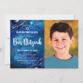 Bar Mitzvah Foto Blue Galaxy Watercolor Agate Einladung (Vorderseite)