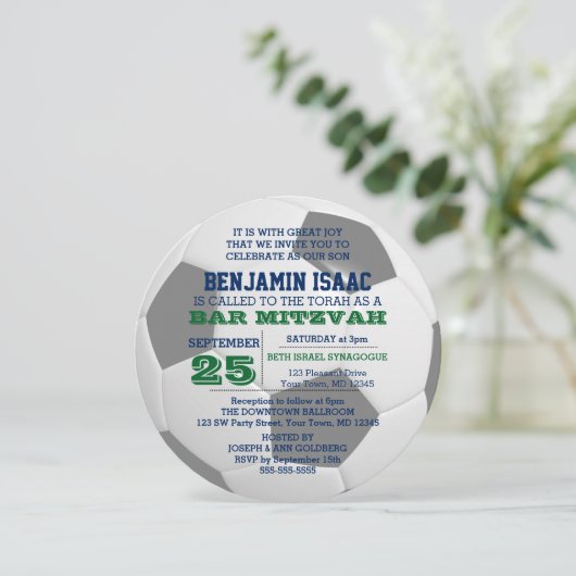 Bar Mitzvah Foto Einladung Fußball Ball Runde (Stehend Vorderseite)