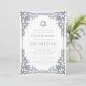 Bar Mitzvah Foto Imitats Silver Star Elegant Verzi Einladung (Stehend Vorderseite)
