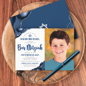 Bar Mitzvah Foto Modern Navy Blue Agate Script Einladung