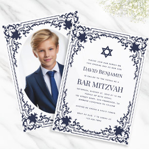 Bar Mitzvah Foto Navy Blau Stern Elegant Vintage Einladung