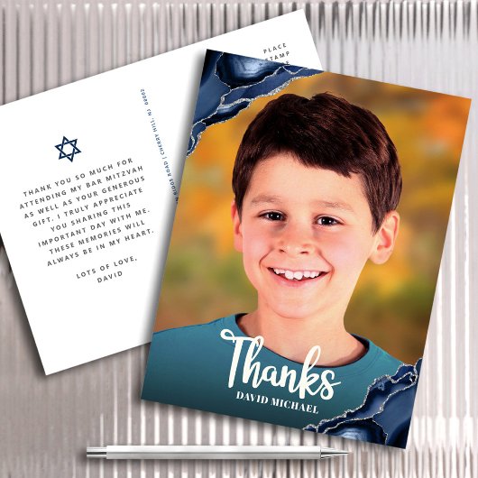 Bar Mitzvah Foto Navy Blue Agate Script Vielen Dan Postkarte