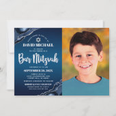 Bar Mitzvah Foto Navy Blue Ombre Agate Script Einladung (Vorderseite)