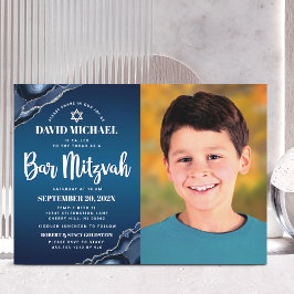 Bar Mitzvah Foto Navy Blue Ombre Agate Script Einladung