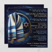 Bar Mitzvah Gebet Shawl Stars Einladung (Vorne/Hinten)
