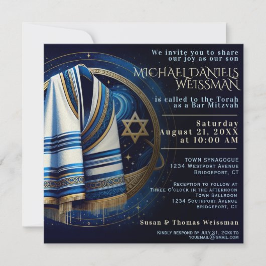 Bar Mitzvah Gebet Shawl Stars Einladung (Vorderseite)