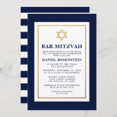 Bar Mitzvah Gold Blau und Weiß Streifen Einladung (Vorne/Hinten)