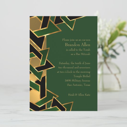 Bar Mitzvah Gold Green Black Star von David Einladung (Stehend Vorderseite)