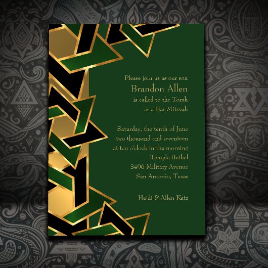 Bar Mitzvah Gold Green Black Star von David Einladung