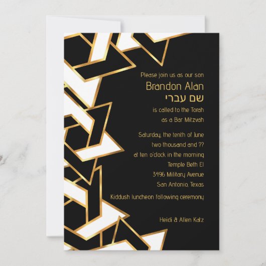 Bar Mitzvah Gold und Schwarz-weißer Star von David Einladung (Vorderseite)