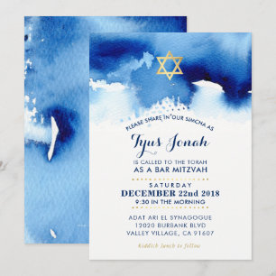 BAR MITZVAH goldener Stern Stilblauer Aquarell TYU Einladung