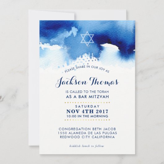 BAR MITZVAH goldfarbene, blaue Aquarellfarbe einla Einladung (Vorderseite)