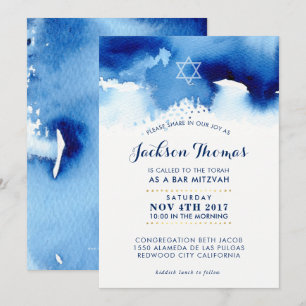 BAR MITZVAH goldfarbene, blaue Aquarellfarbe einla Einladung