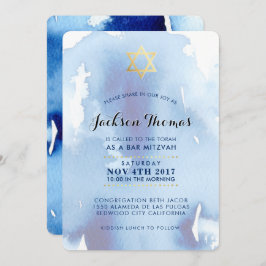 BAR MITZVAH goldfarbene, blaue Aquarellfarbe einla Einladung