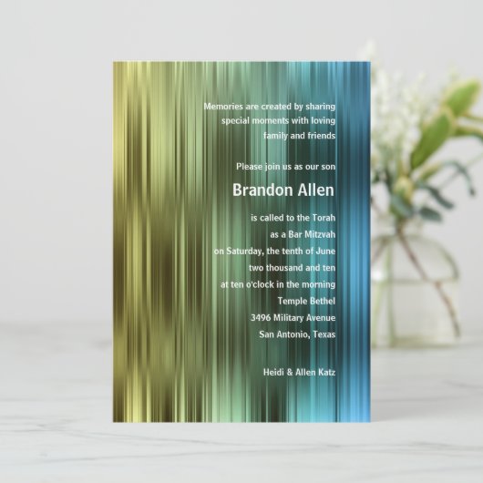 Bar Mitzvah Goldgrün-blaue Streifen Einladung (Stehend Vorderseite)