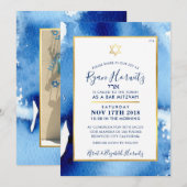 BAR MITZVAH Goldstar Blue Aquarell FOTO RYAN2 Einladung (Vorne/Hinten)